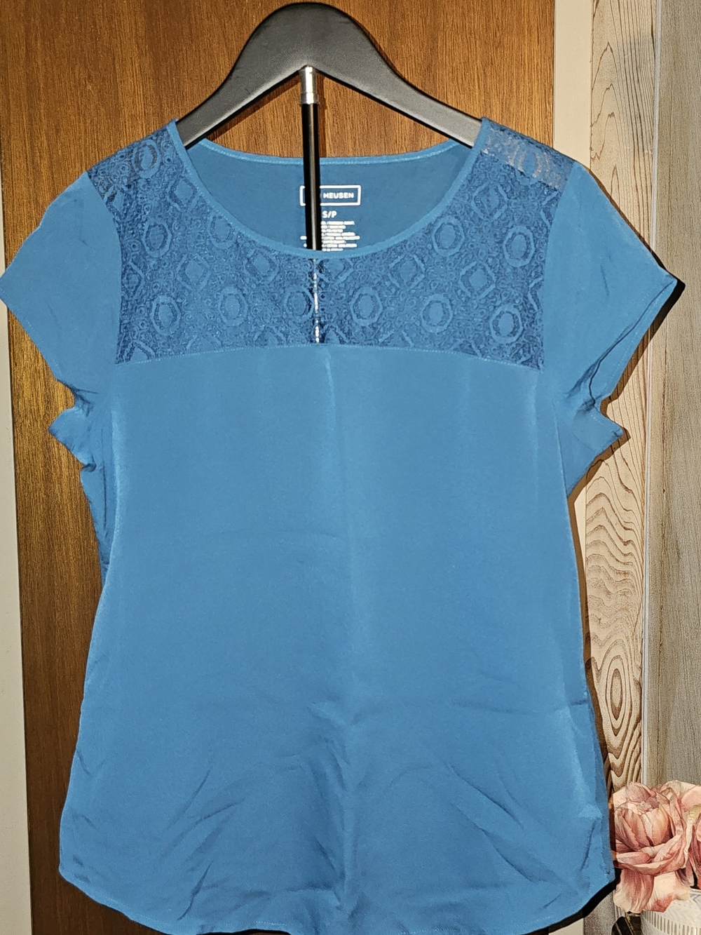 Van Heusen Teal Lace Yoke Short Sleeve Blouse